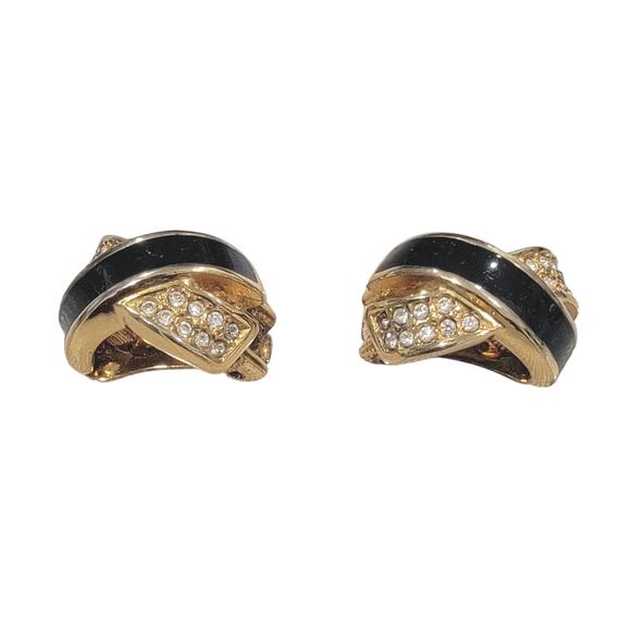 Christian Dior Black Enamel Gold Toned Round Crystal X Design Clip-On Earrings - Picture 3 of 6